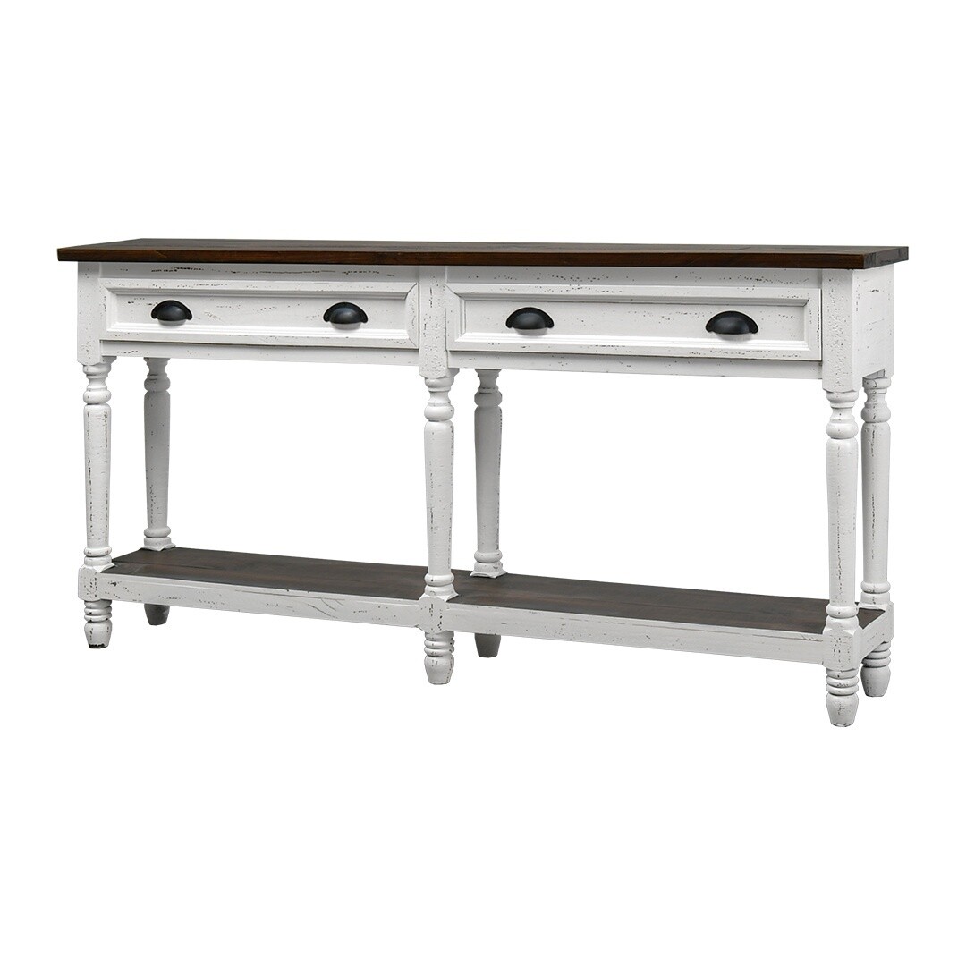 72" TURNED LEG 2 DRAWER CONSOLE AGED WHITE/TOBACCO TOP