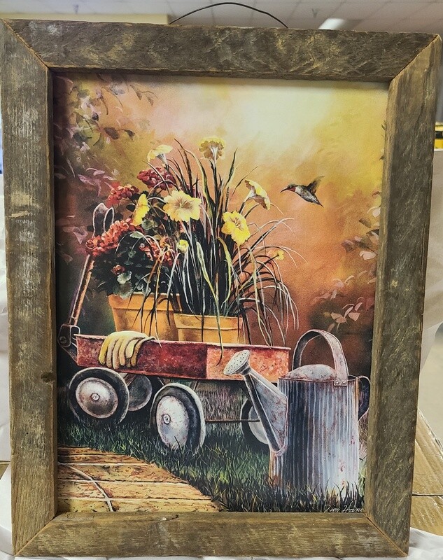 HUMMINGBIRD GARDEN WAGON WOOD FRAMED PIC