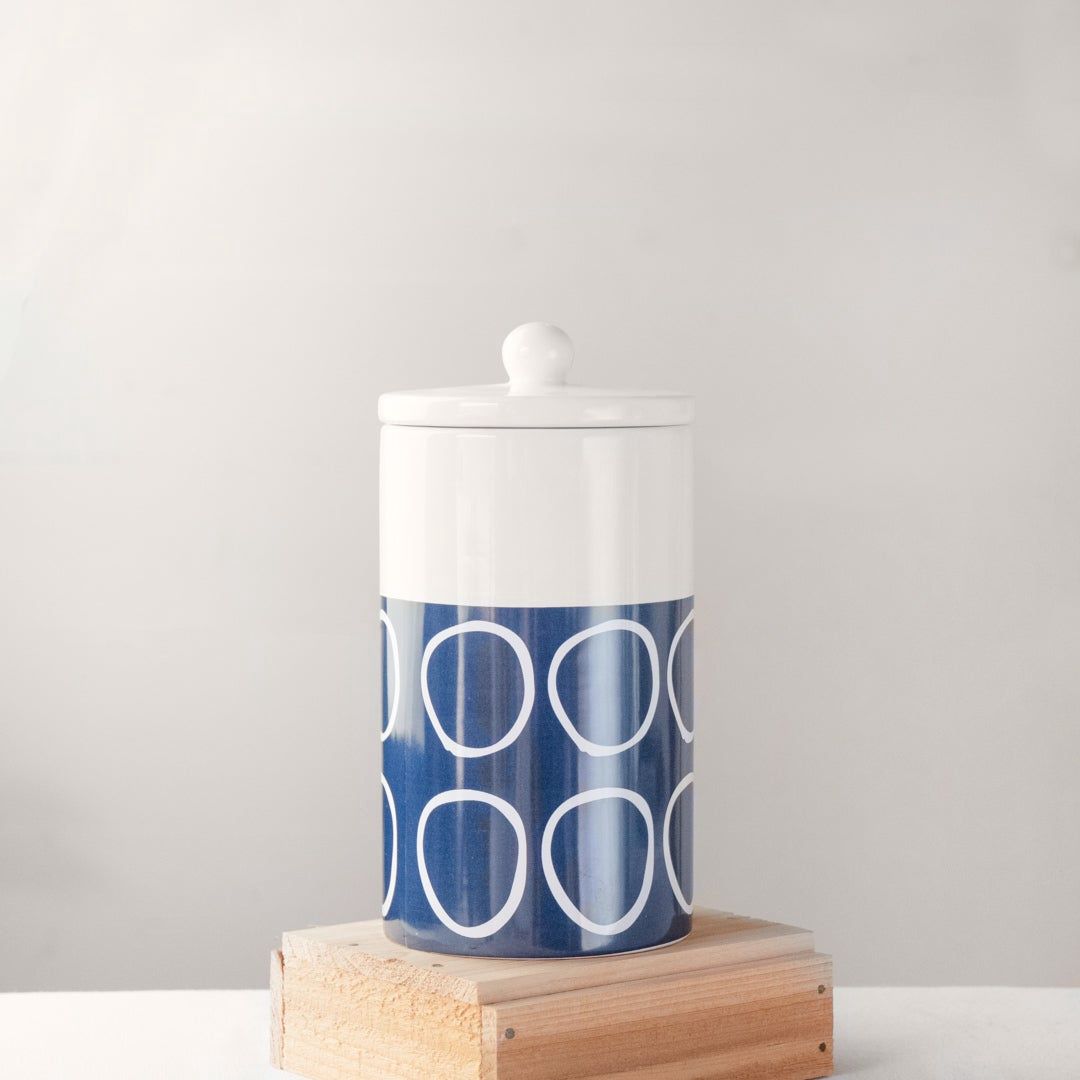 9.5&quot; BLUE/WHITE CIRCLE CANISTER