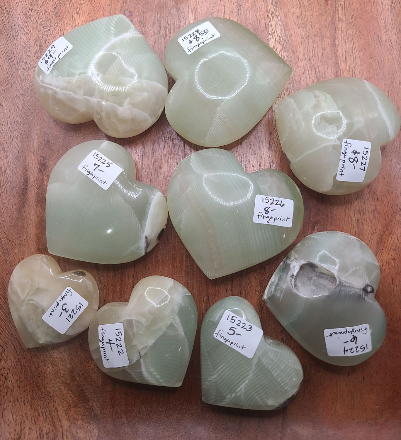 GREEN FINGERPRINT CALCITE HEART WORRY STONE, Size: 15221 41 GRAM