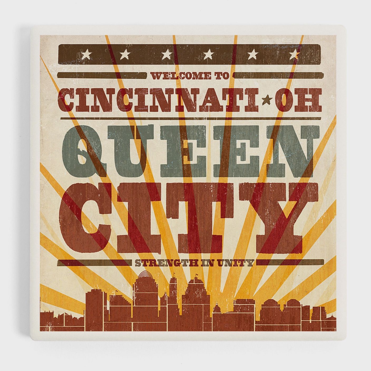 Ceramic Coaster Cincinnati, Ohio, Skyline &amp; Sunburst