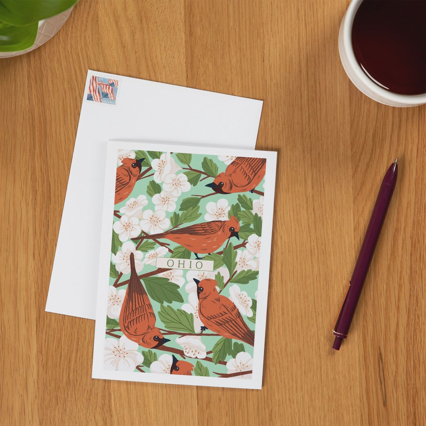 Notecard Ohio, Cardinal &amp; Hawthorn Pattern