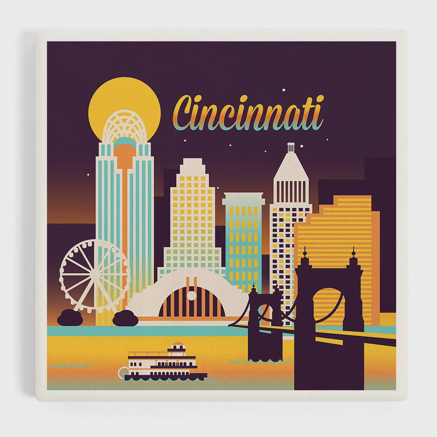 Ceramic Coaster Cincinnati, Ohio, Retro Skyline Chromatic