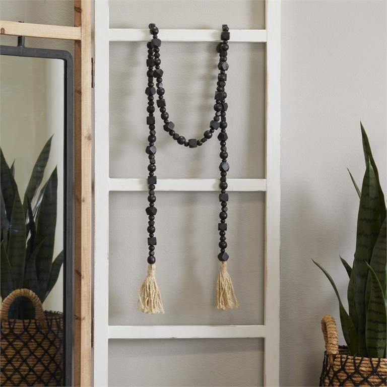 80" WOOD BEADS W/ TASSEL, Colour: Black