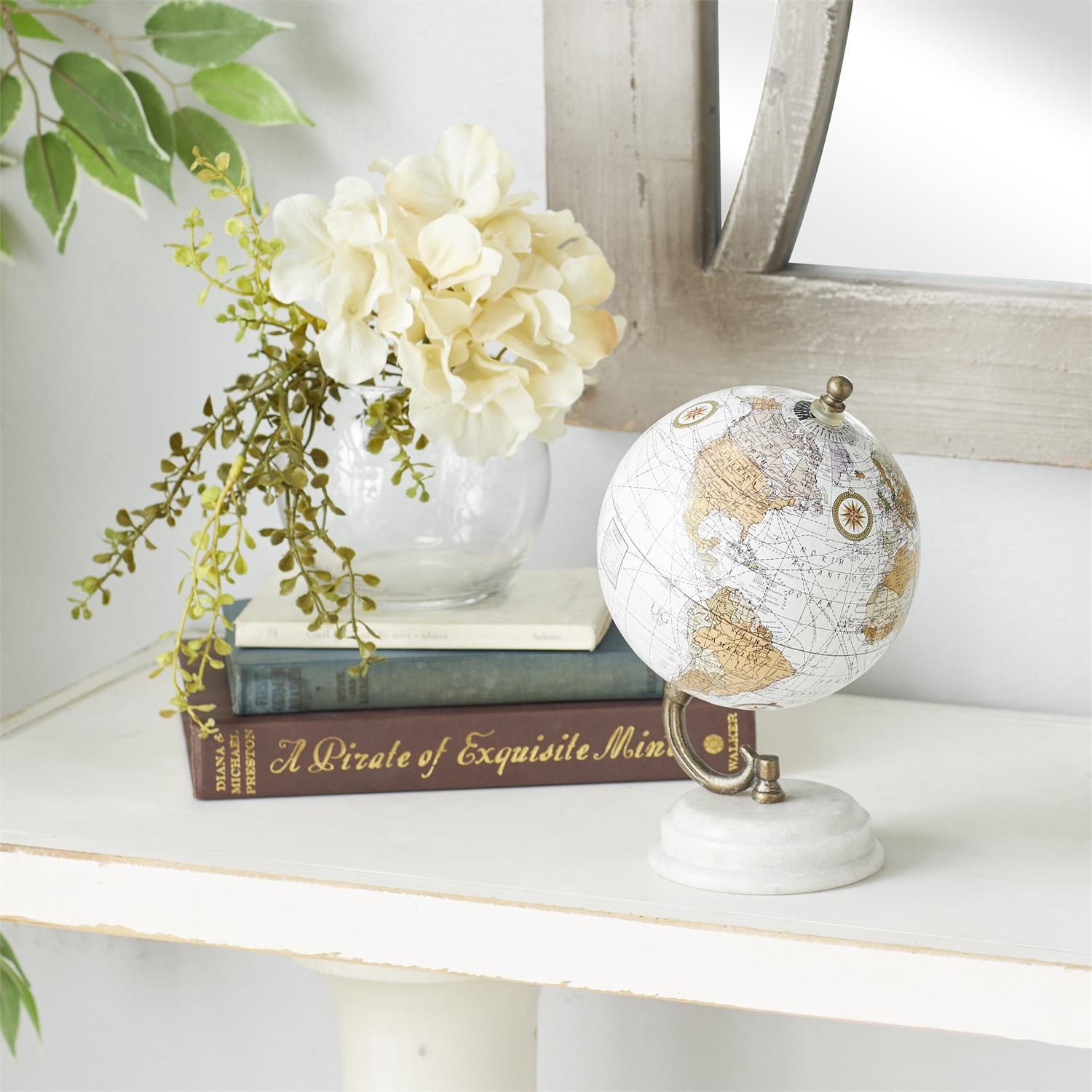 METAL GLOBE w/ MARBLE BASE 5"W, 8"H, Colour: WHITE
