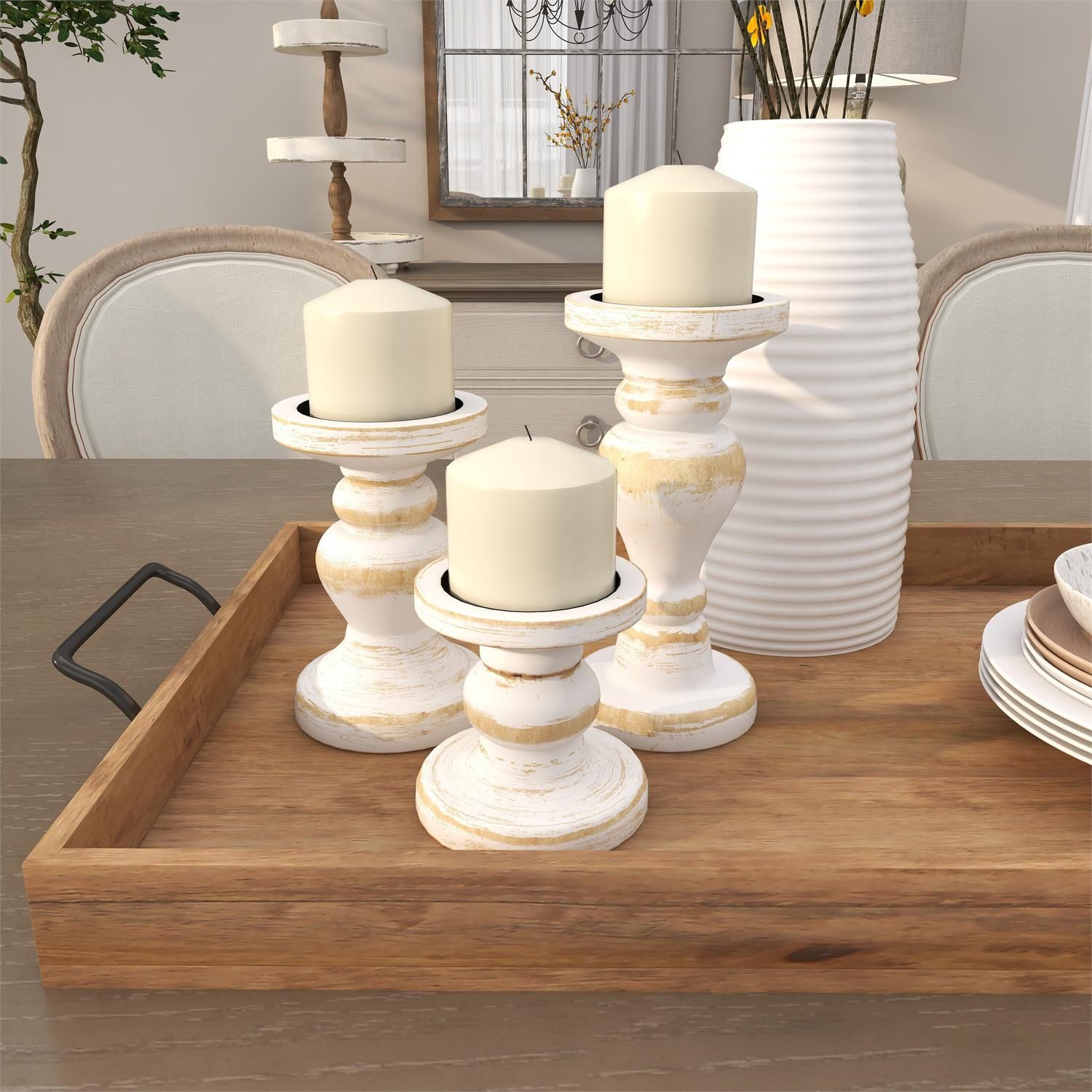 WHITE WOOD TURNED CANDLE STICK, Size: SM