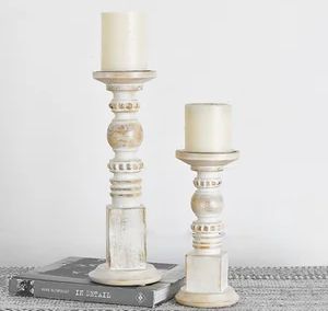 BEADED CARVED WOOD CANDLE HOLDER, Size: SM
