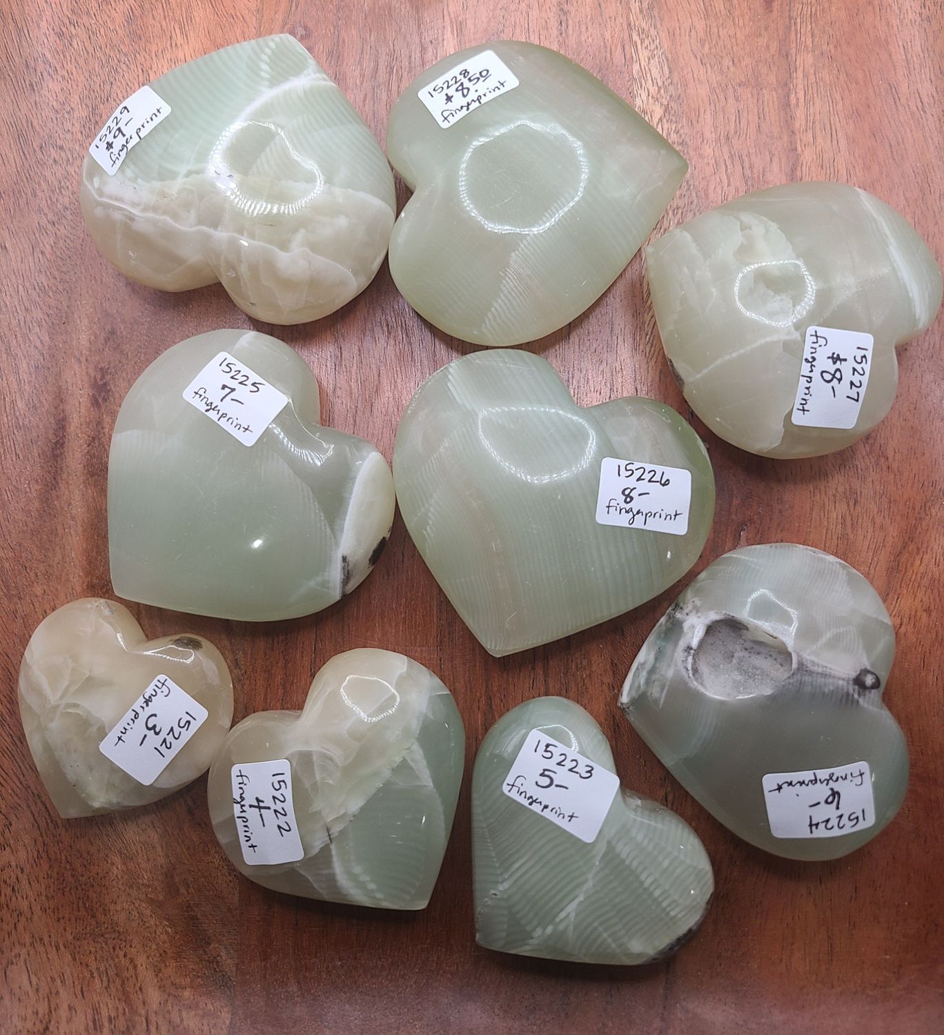 GREEN FINGERPRINT CALCITE HEART WORRY STONE, Size: 15221 41 GRAM