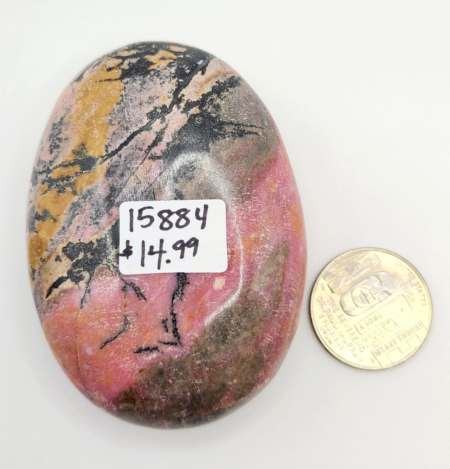 RHODONITE PALM STONE, WEIGHT: 222 GRAMS