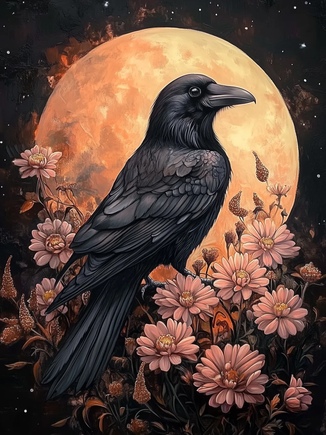 Floral Moon Crow Block 4x6
