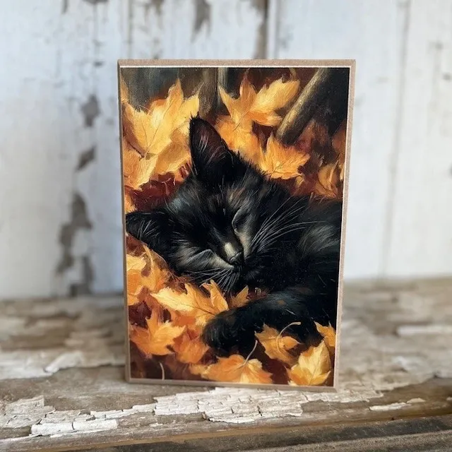 Black Cat in Leaves Block