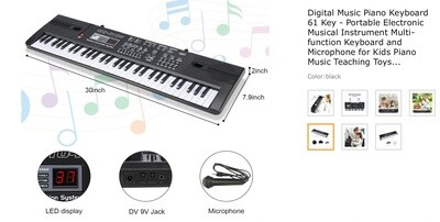 Tencoz 61 Key Portable Electronic Keyboard &amp; Microphone for Kids - Black