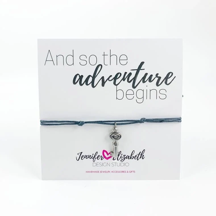 And So the Adventure Begins” Bracelet | Adjustable Sliding Knot Key Charm Bracelet | Inspirational Gift for Her | Graduation or Travel Gift