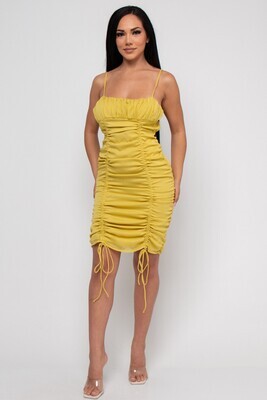 YELLOW GREEN SPAGHETTI STRAP TIE KNOT OPEN BACK RUCHED MIDI DRESS WITH LINING