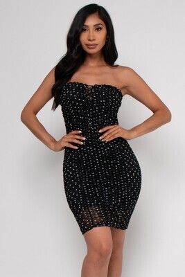  BLACK WHITE POLKA DOTS STRAP LESS BODYCON RUCHED MINI DRESS WITH LINING