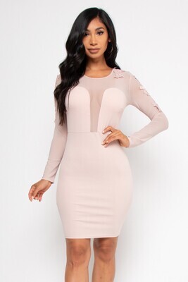  LONG SLEEVE ROUND NECK BODYCON MINI DRESS WITH FLORAL APPLIQUES