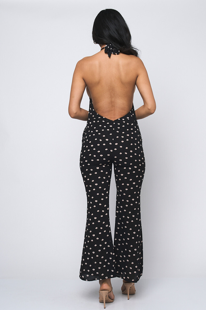  BLACK FLOWERS PRINT HALTER V-NECK OPEN BACK JUMPSUIT WITH POCKETS