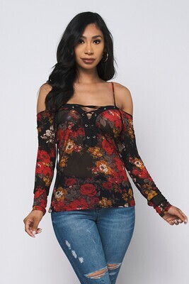 BLACK RED FLOWERS PRINT SPAGHETTI STRAO OFF THE SHOULDER TOP