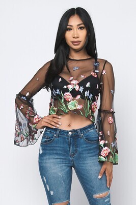 BLACK MESH EMBROIDERED FLOWERS PRINT ROUND NECK BELL SLEEVE TOP
