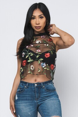  BLACK MESH EMBROIDERED FLOWERS PRINT ROUND NECK SLEEVE LESS TOP