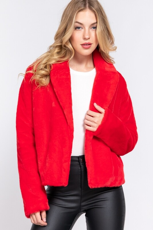 RED NOTCHED COLLAR OPEN FRONT JACKET FUR TEDDY Ladies Women&#39;s