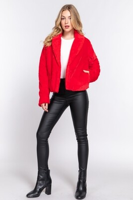 RED NOTCHED COLLAR OPEN FRONT JACKET FUR TEDDY Ladies Women&#39;s