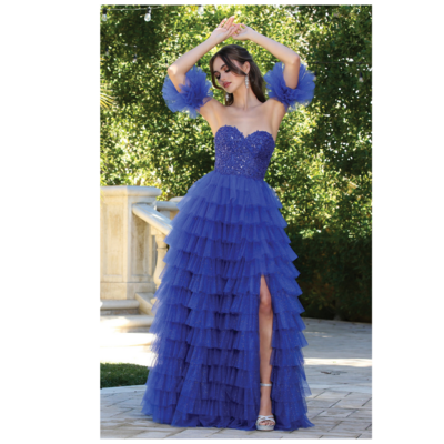 RUFFLE SLEEVE STRAPLESS TIERED A-LINE SLIT GOWN