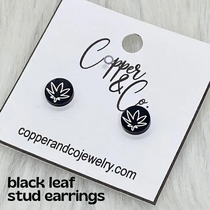 Black Leaf Stud Earrings - Silver