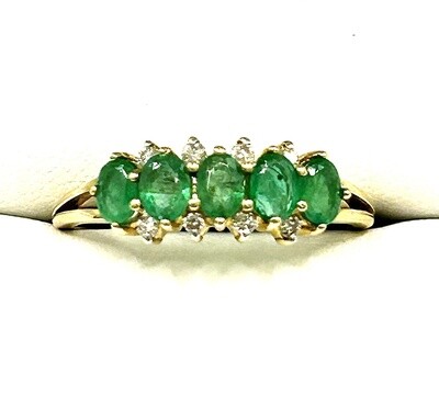 14K YG 5 Stone Emerald & Diamond Sz 7