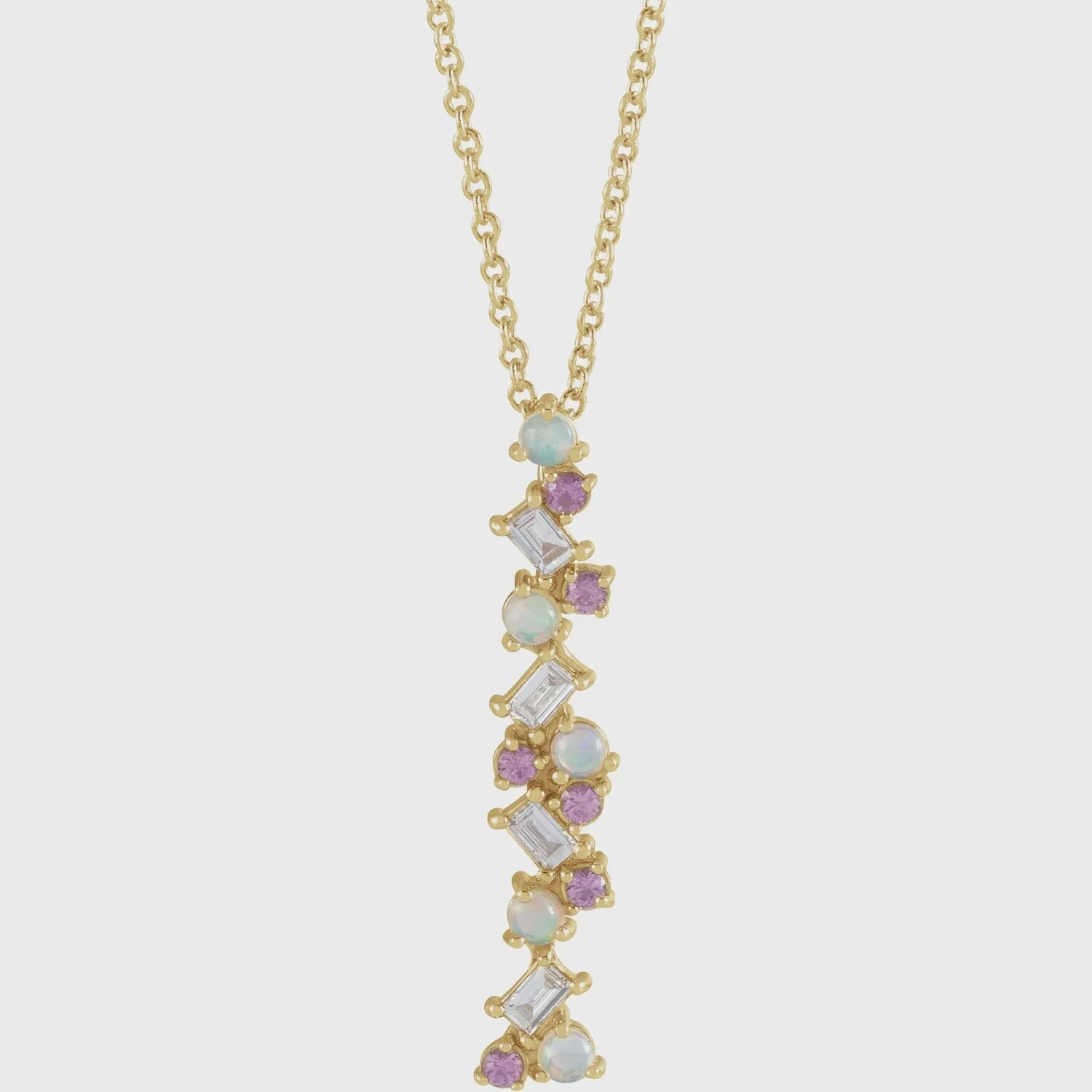 14K YG Opal, Pink Sapphires & Diamond Bar Necklace