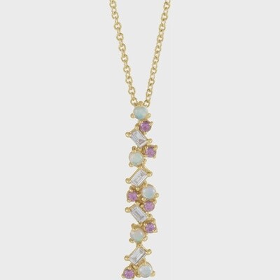 14K YG Opal, Pink Sapphires & Diamond Bar Necklace