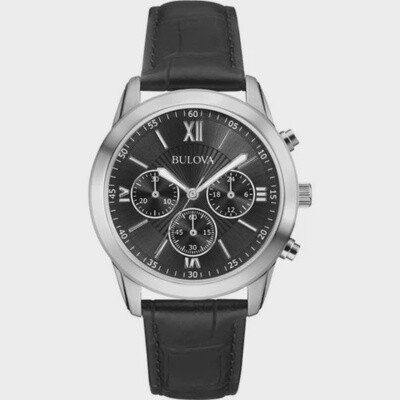Bulova Men&#39;s Stainless Black Dial Leather Strap Watch