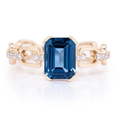 14K YG 1.70ct London Blue Topaz &amp; 0.10ctw Diamond Ring Sz7