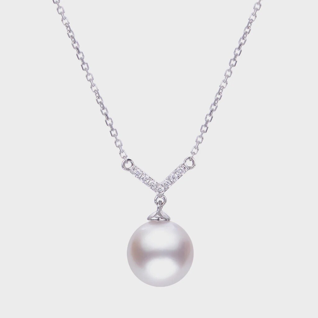 14k WG 8-8.5mm Akoya Cultured Pearl Diamond "V" Necklace 18"