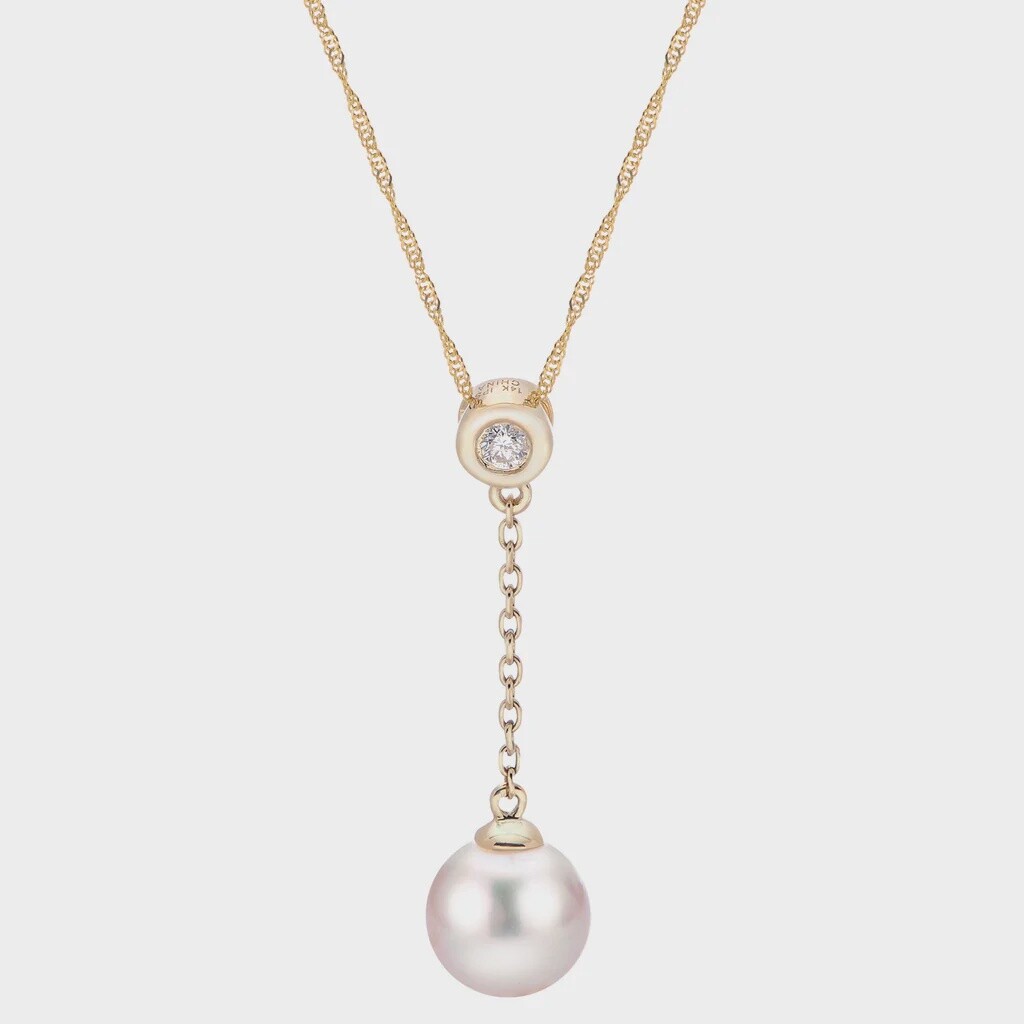 14k YG 8.5mm Akoya Cultured Pearl & .05 ctw Dia Necklace 18"