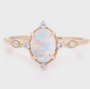 14k YG 0.662ct Opal &amp; 0.09ctw Diamond Ring