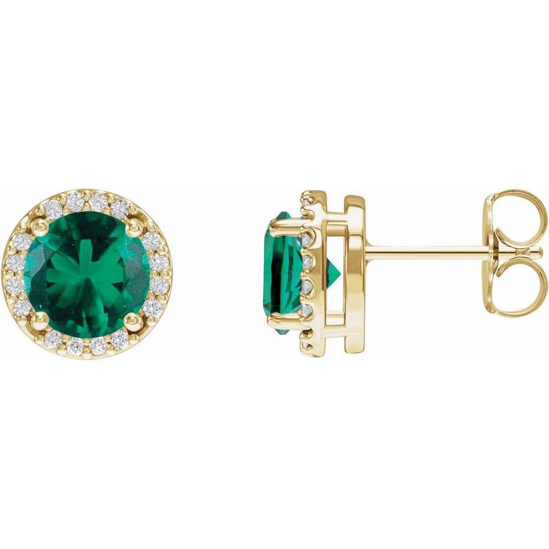 14k YG Lab Emerald & 0.05ctw Diamond Halo Earrings