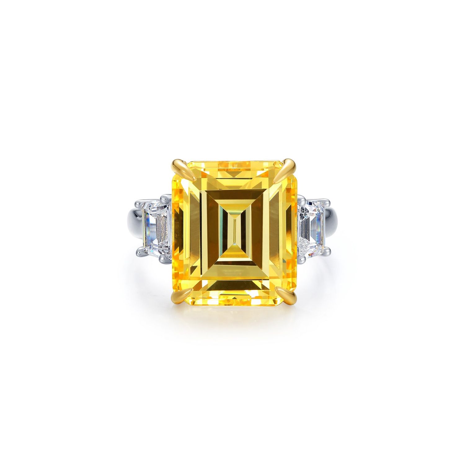 Sterling Silver Simulated Yellow & White Diamond 3 Stone Ring