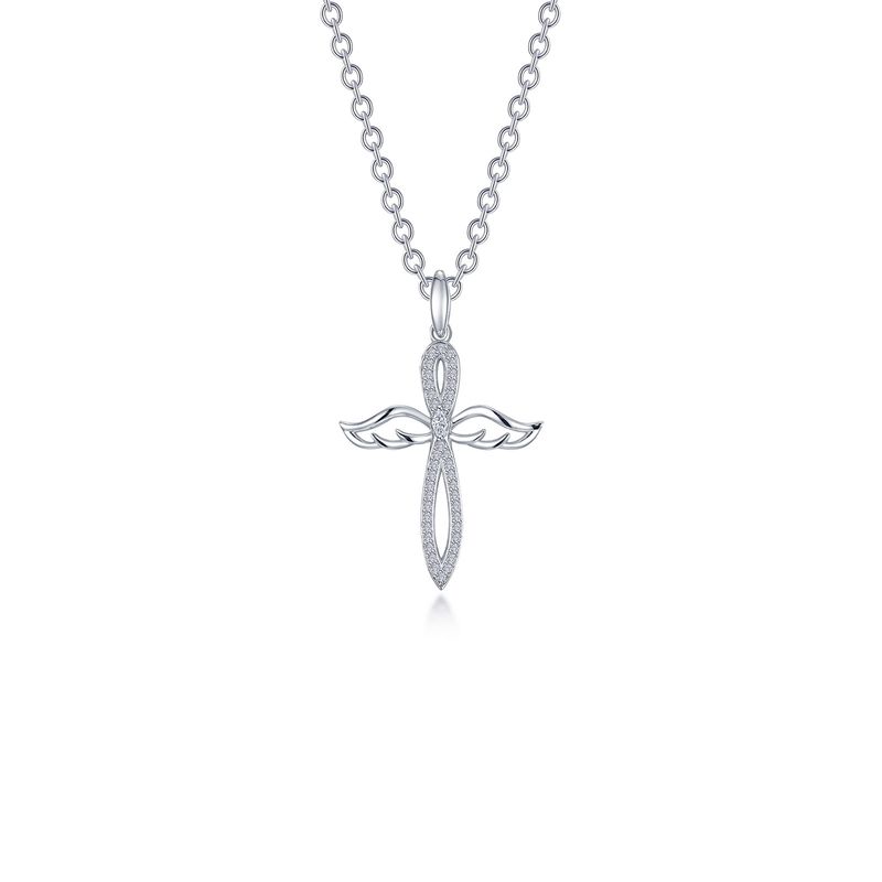 SS 0.74ctw Simulated Diamond Angel Wings Cross Necklace