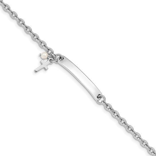 SS Cross ID Bracelet  with Synthetic Pearl