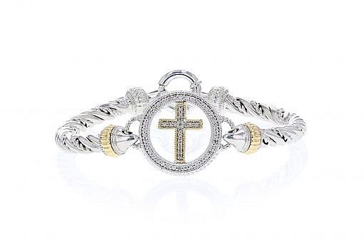 SS & 14k YG 0.45ctw Diamond Cross Bracelet