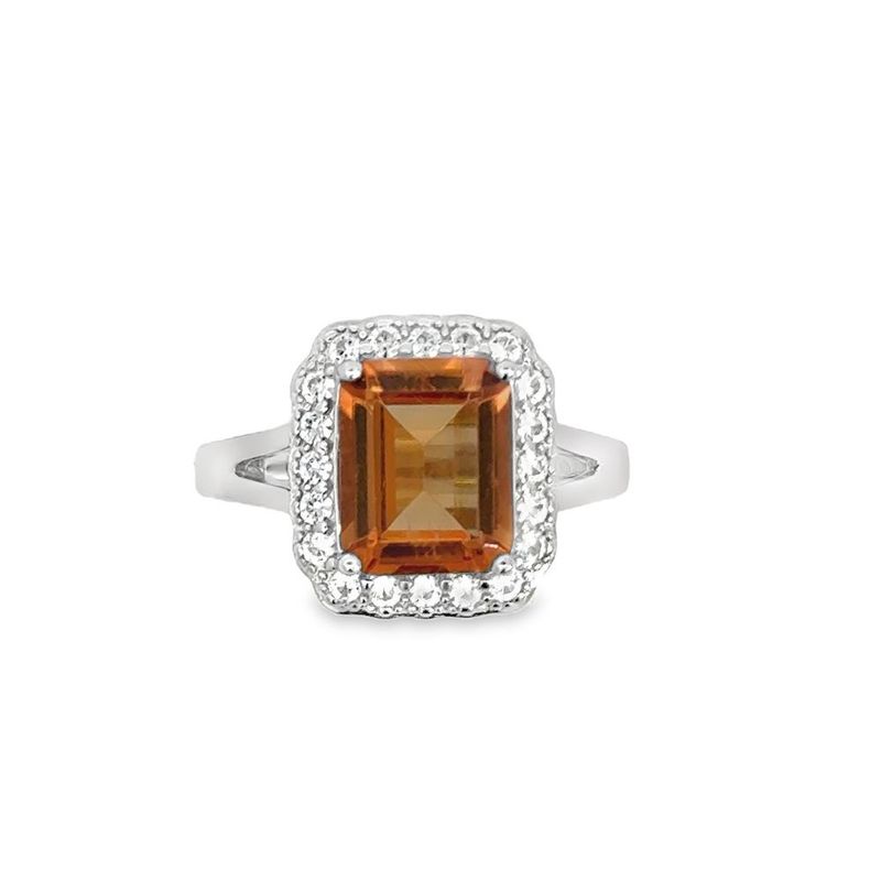 SS Lusterine & White Sapphire Ring Emerald Cut Center