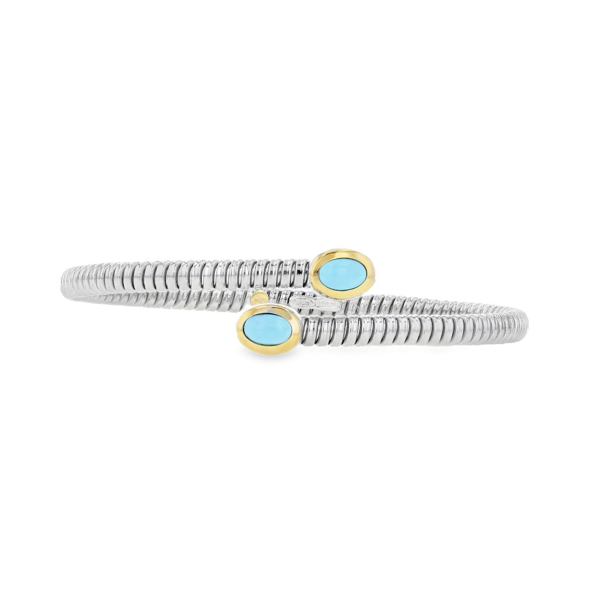 SS, Stainless & 18k YG 2-Stone Turquoise Flex Bangle