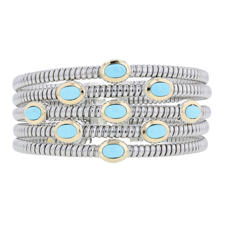 SS, Stainless & 18k YG Multi Strand Turquoise Bangle