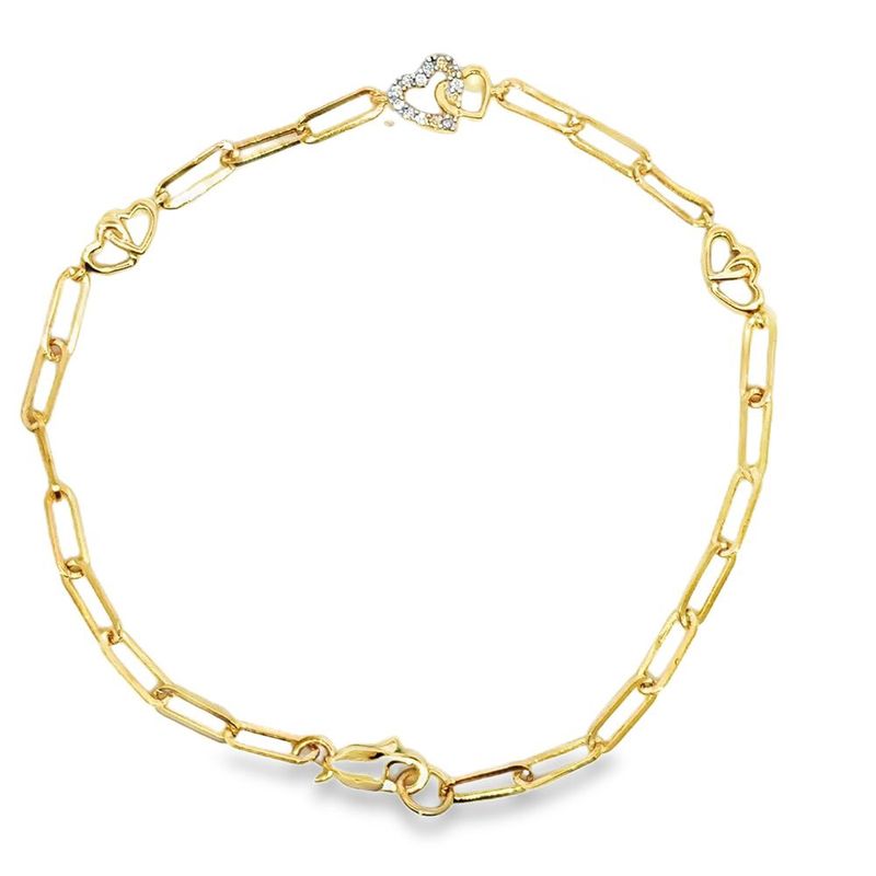 10k YG 0.05ctw Diamond Paperclip Heart Bracelet 7"