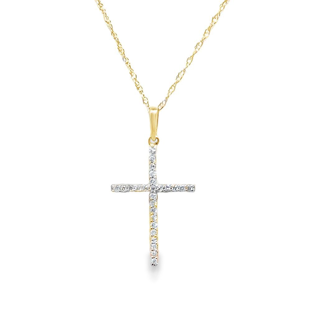 10k YG Classic Cross Necklace 0.10ctw Diamond 18"