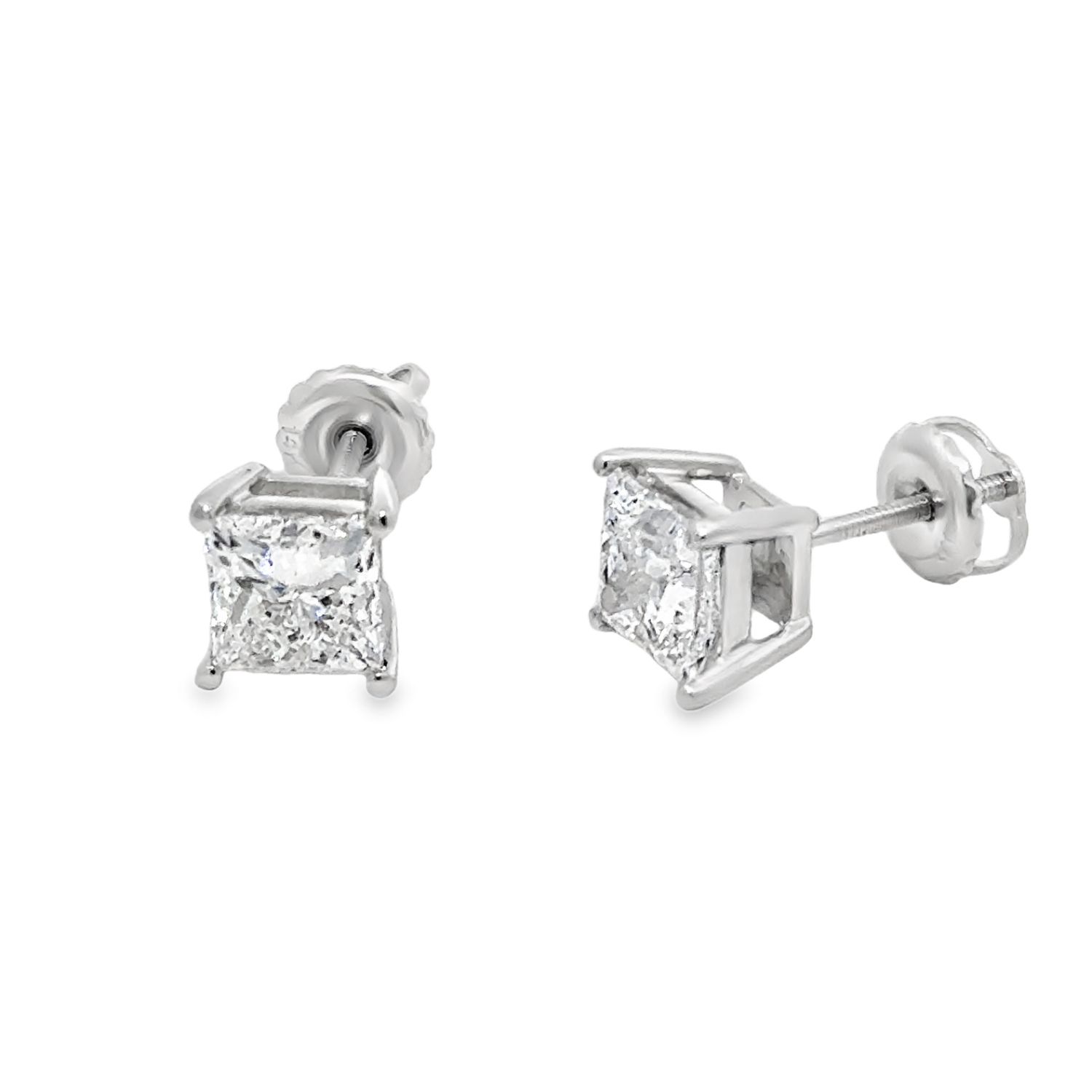 14k 2.00ct Lab Diamond Princess Cut Stud Earrings, Color: White Gold