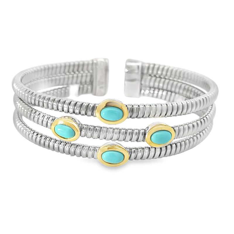 SS, Stainless & 18k YG 3 Strand Turquoise Bangle