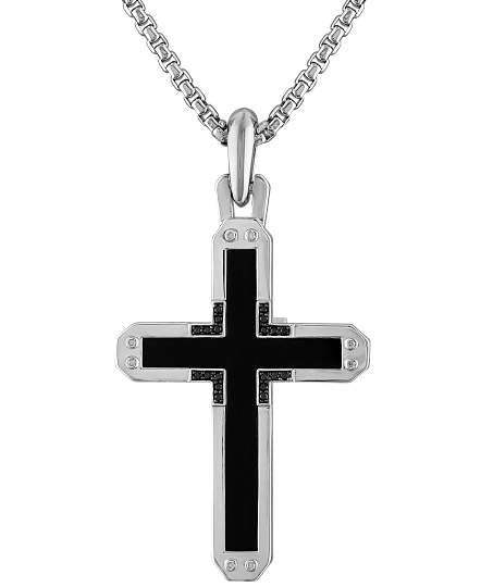 Bulova Silver, Black Onyx & Black Diamond Cross Pendant