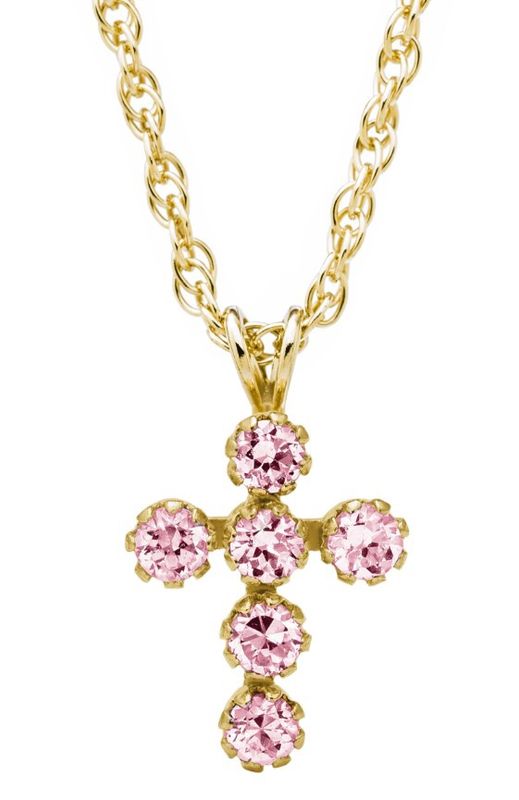 14k YG Child's Cross Necklace with Pink CZ's 15 14k YG Child's Cross Necklace with Pink CZ's 15"